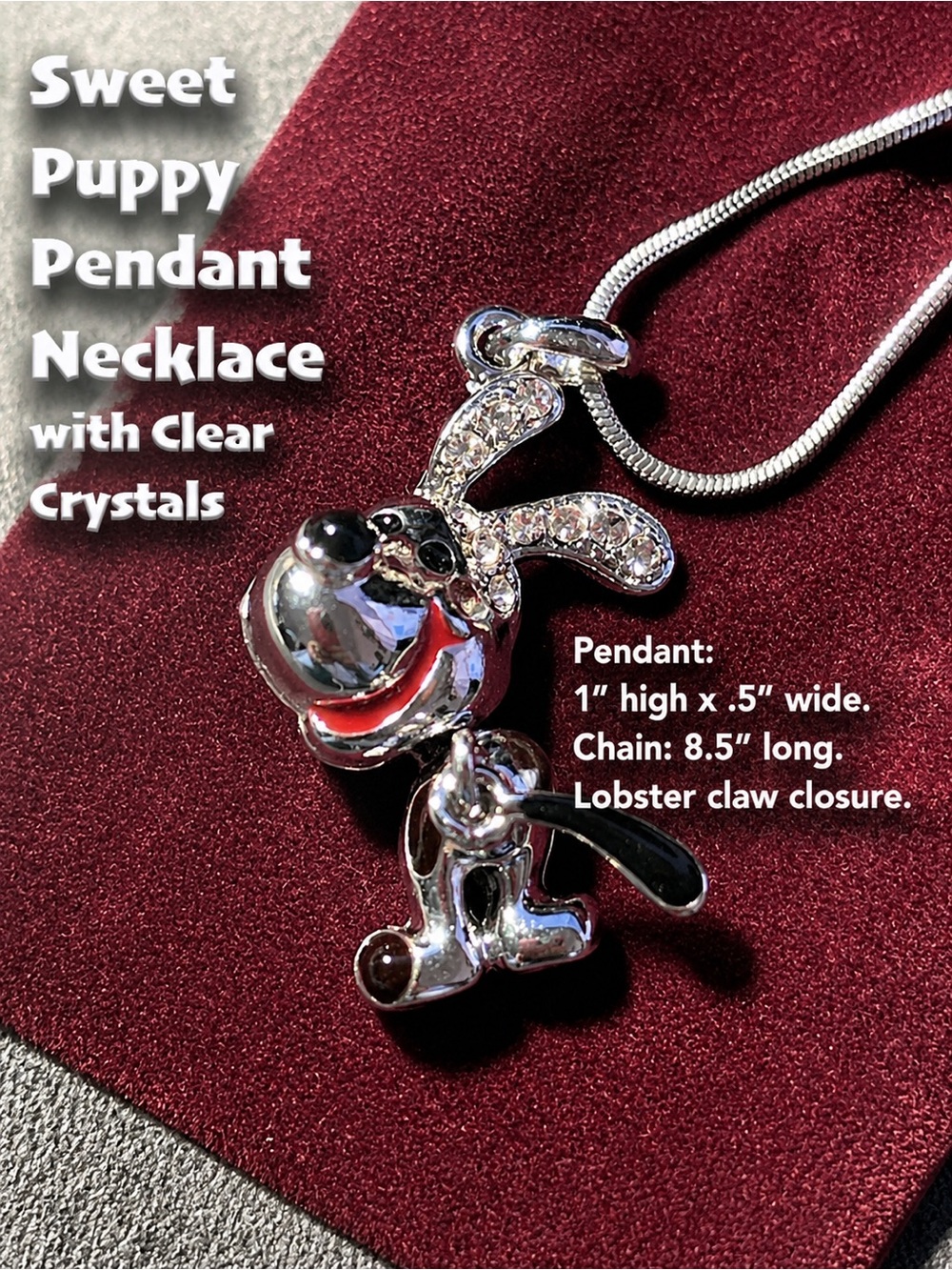 Silver Puppy Pendant Necklace with Clear Crystals